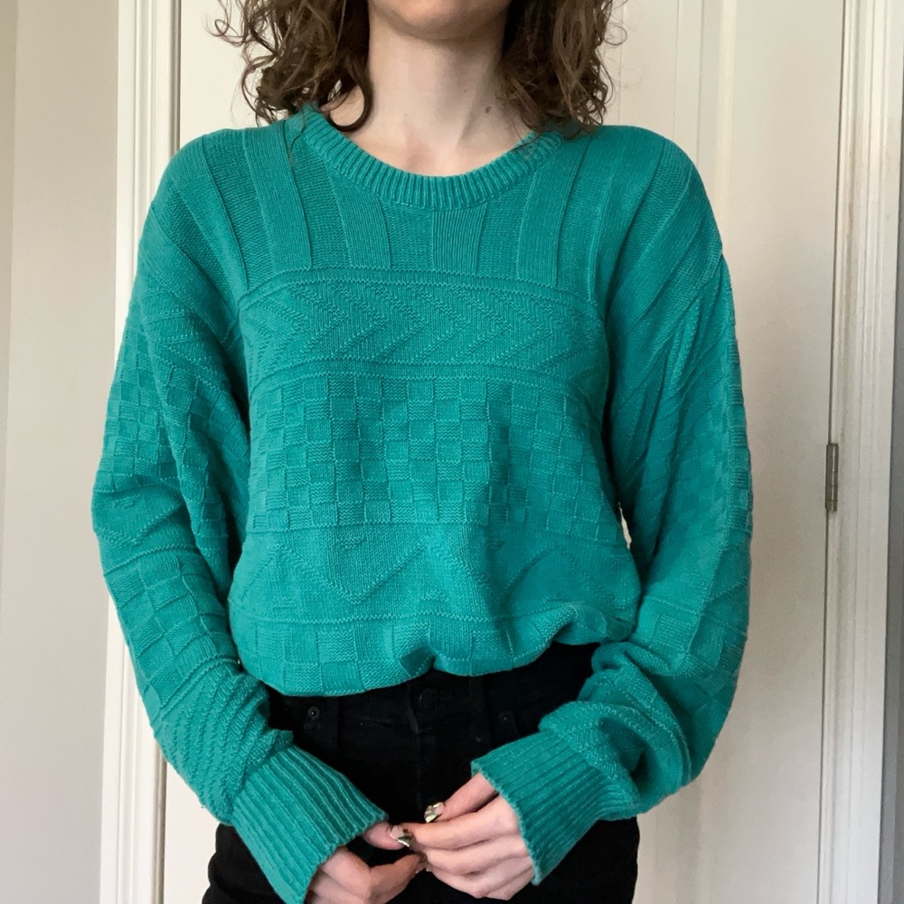 Vintage teal oversized knit long sleeve sweater